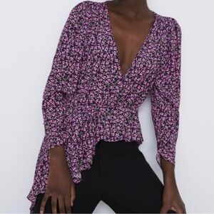 Zara Floral Print Asymmetric Shirt Blouse Top Size S